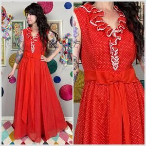 Vintage 1970s Red and White Polka Dot Ruffle Cotton Maxi Dress